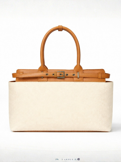Premium Jute & PU Leather Structured Tote Off White Bag for Women