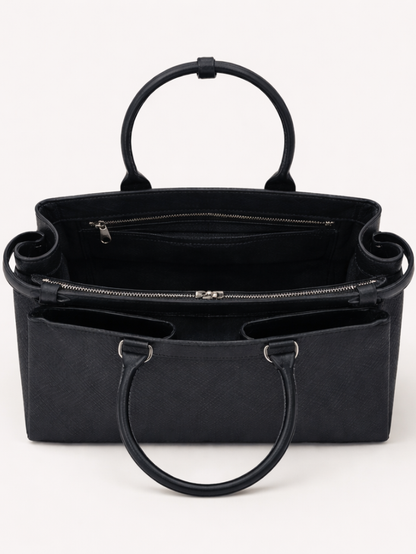 Premium Jute & PU Leather Structured Tote Black Bag for Women